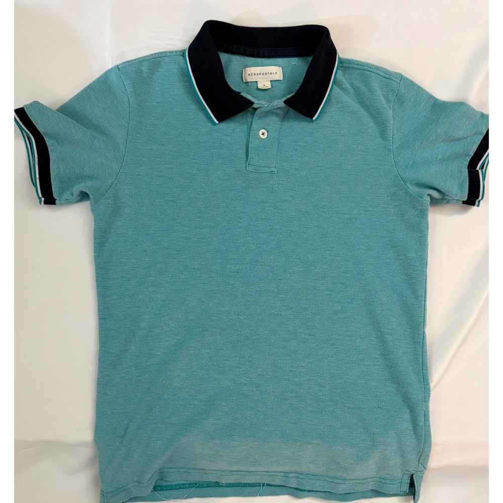 Aeropostale Mens Short‎ Sleeve Polo Shirt Teal Heather Navy Trim Size M